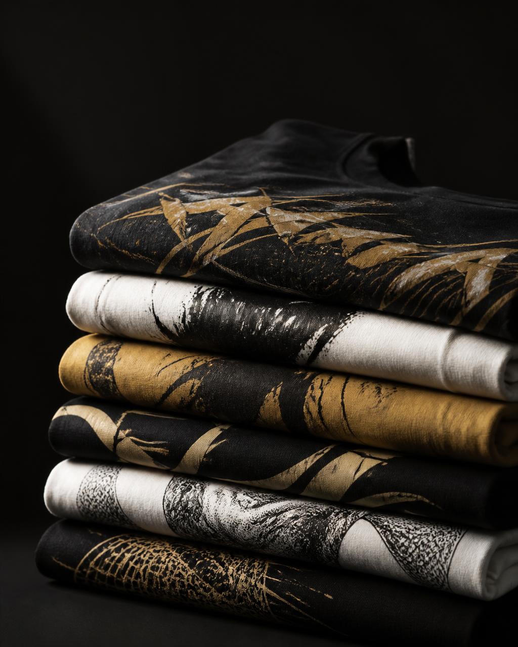 Pila de playeras de streetwear con diseños gráficos.