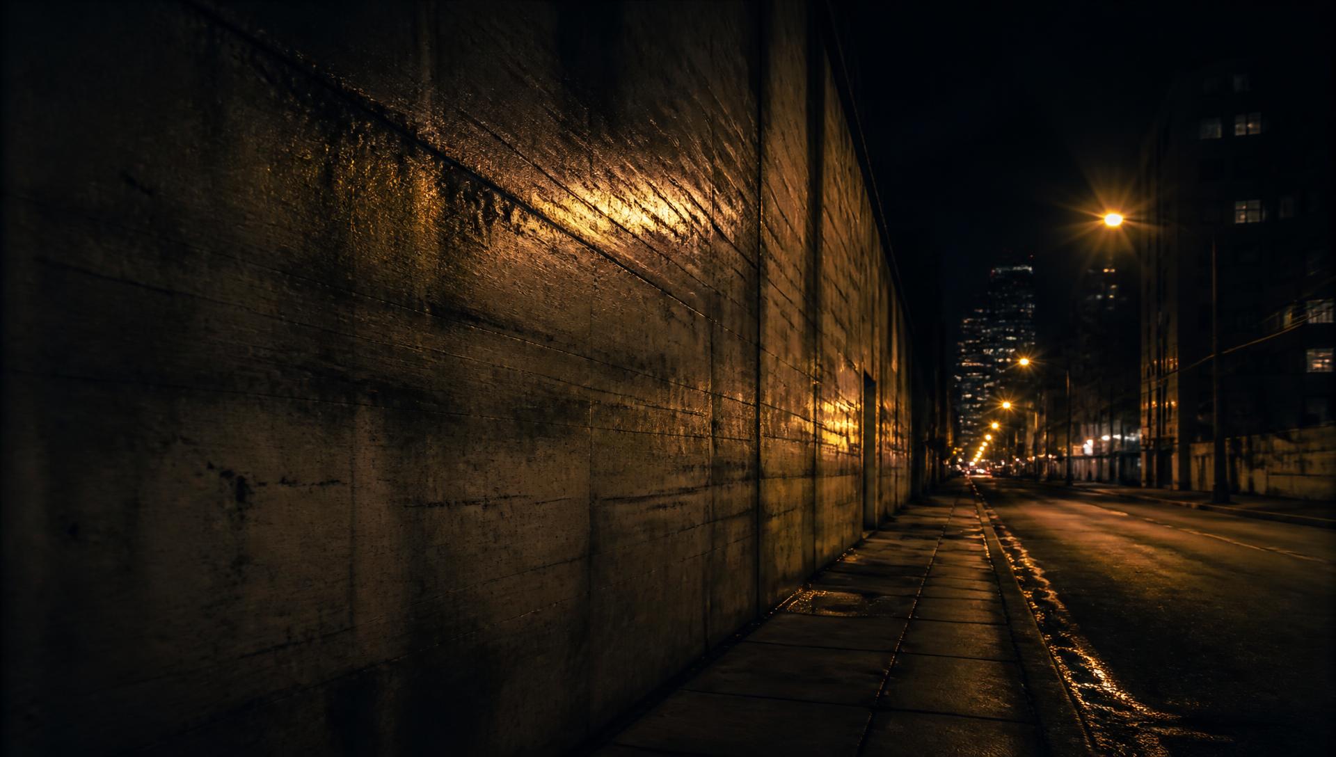 Calle urbana de noche con textura de concreto.